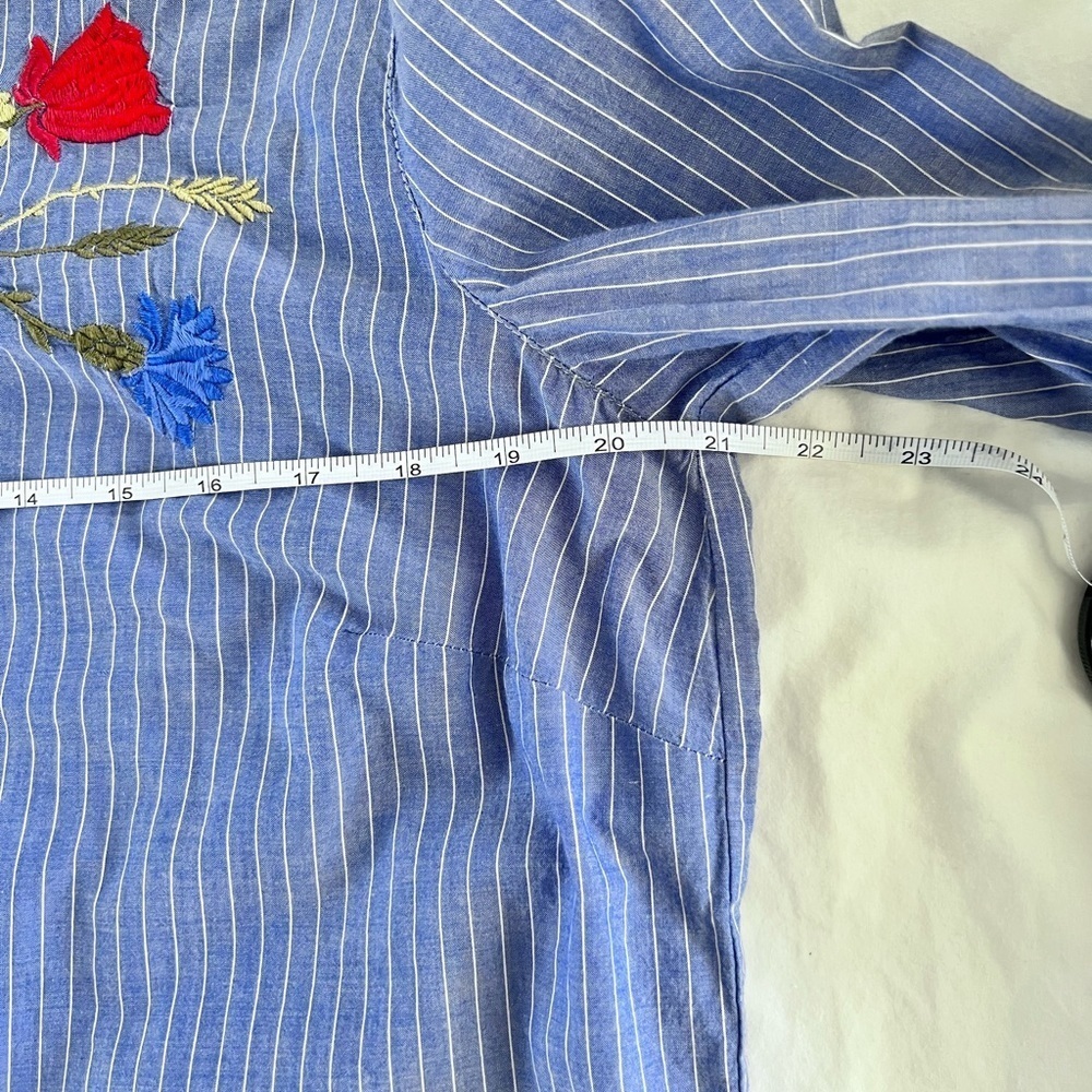 LOFT EMBROIDERED TAB COLLAR BUTTONDOWN TOP BLUE WHITE STRIPED BOHO RUFFLE SLEEVE - Picture 10 of 11